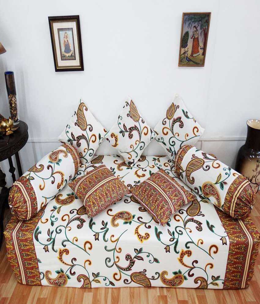 Heritagefabs Harmony Brown Diwan Set (Single Bed Sheet with 5 Cushion