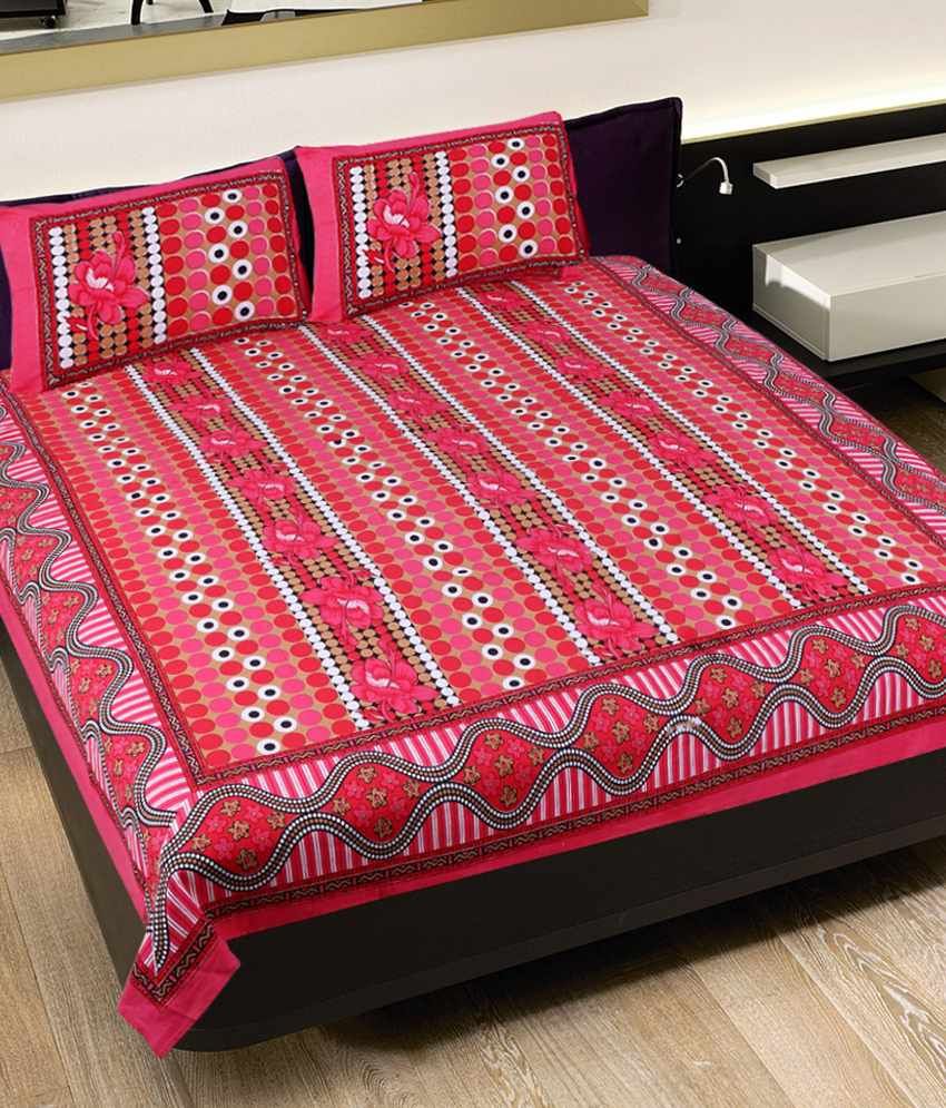 Grj India Red Rajasthani Pure Cotton Double Bed Sheet With 2 Pillow