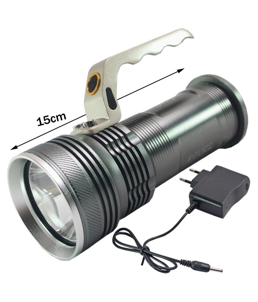 Jm Silver & Black Iron Rechargeable Led Waterproof Flashlight Light