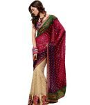 MohManthan Cream-Red Net Saree With Unstitched Blouse.