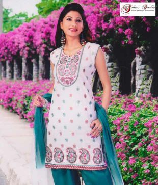 Salwar Studio Off White and Blue Printed Cotton Suit