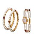 Oleva Pair of Classy Pearl Bangles & Pearl Watch Combo