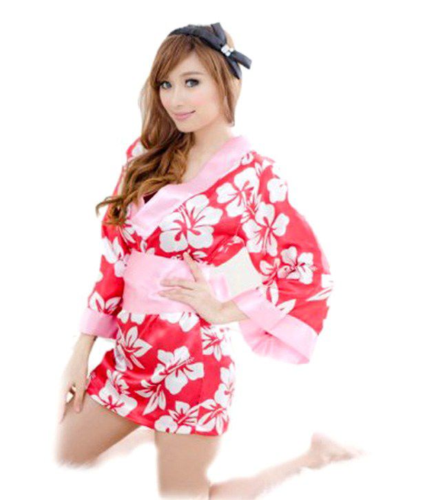 Gem Red Floral Japanese Kimono Sleepwear Robe Belt G