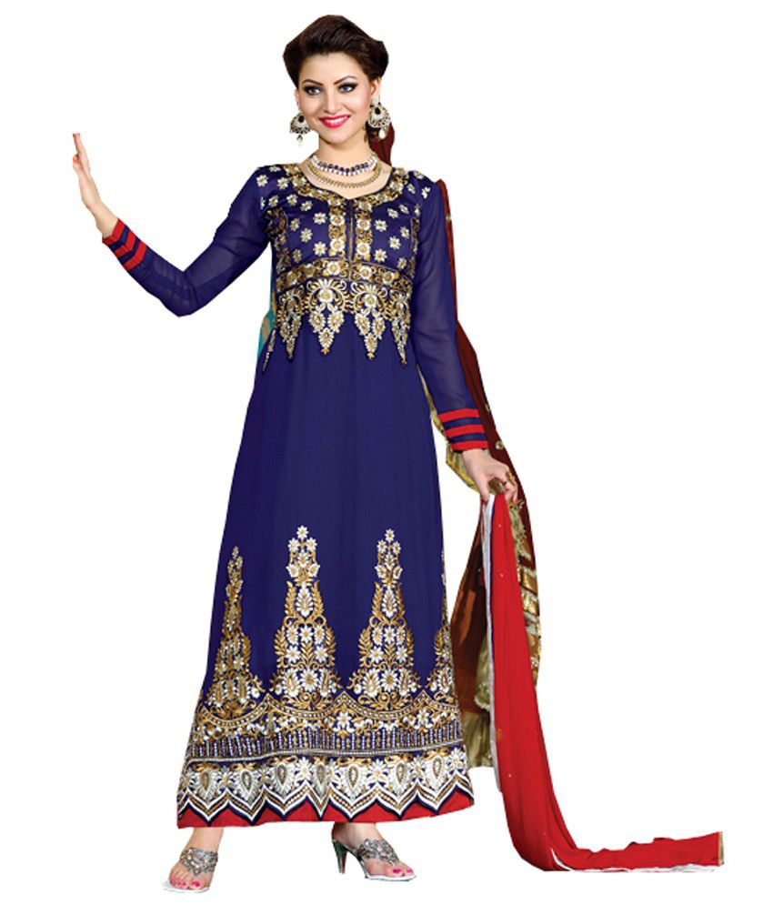Om Fab Stylish Blue Embroidered Faux Georgette Semi Stitched Anarkali Salwar Suits