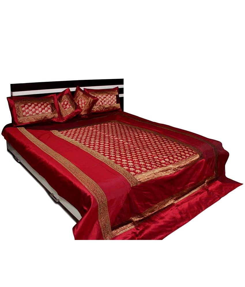 Fulkari Red Traditional Silk Double Bed Cover With 2 Pillow Covers And