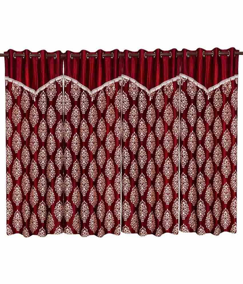 Paw Design Window Curtain With Flap Maroon 4 Pcs Set (48 X 60 Inches)