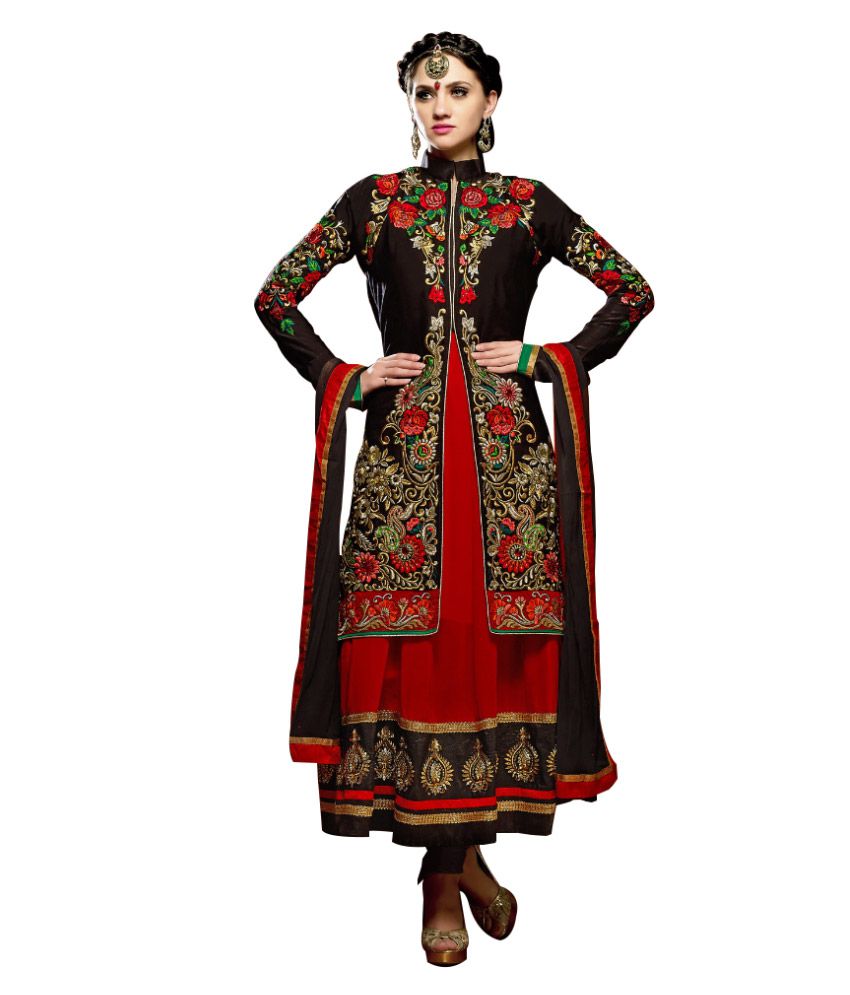 Attireme Maroon  Black Embroidered Faux Georgette Anarkali Semi Stitched Salwar Suits