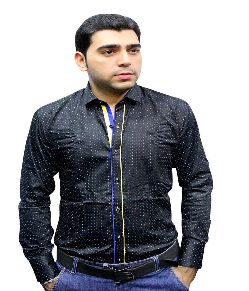 Aquarius Black Shirt With Yellow Dots Cotton Blend Printed Slim Fit Shirt
