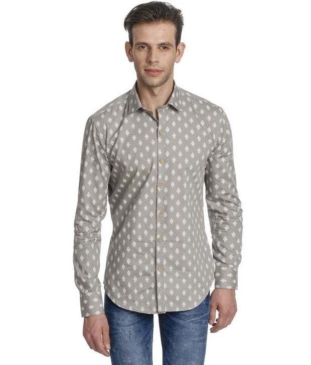 Edjoe Mens Gray Printed Slim Fit Casual/Party Wear Shirt, BLEDMS0011