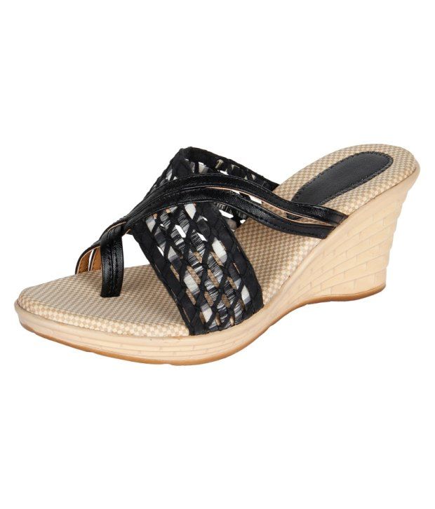 Niremo Black Faux Leather Toe Ring Wedges Sandal Buy Women's Sandals