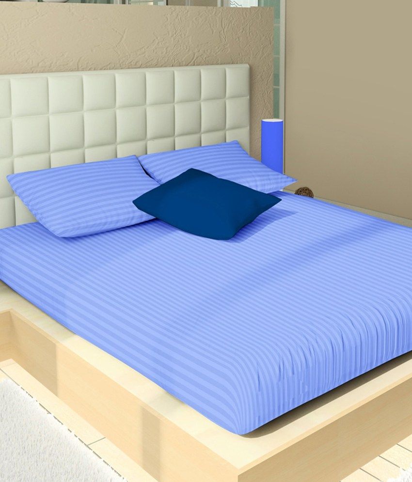 Vintana Satin Cool Stripes Blue King Size Bed Sheet With 2 Pillow