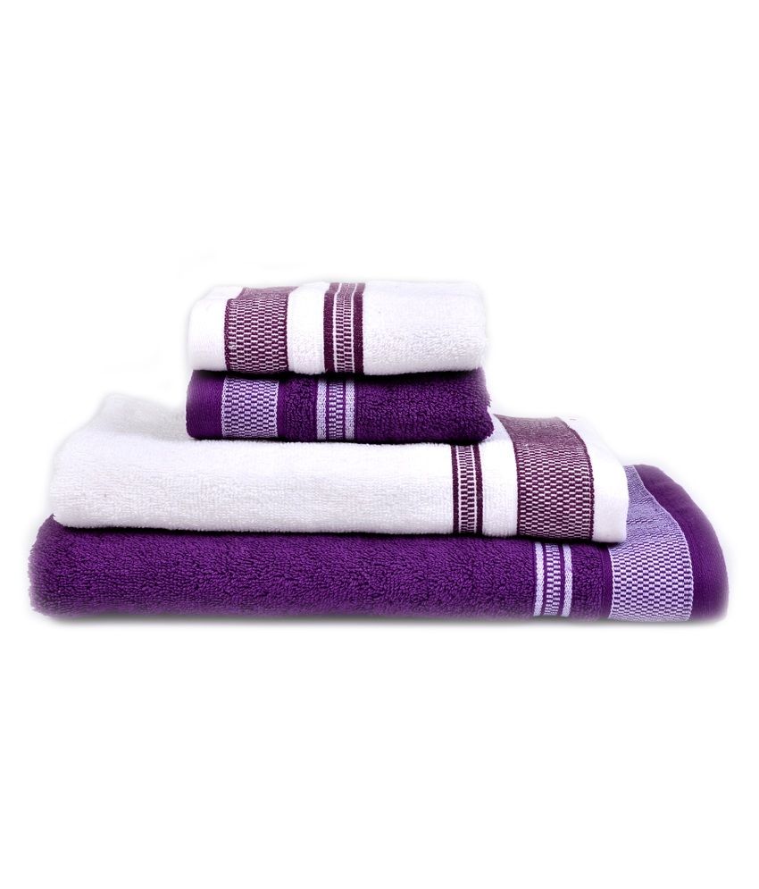 Vintana White And Purple Cotton Bath Towel Set Of 4 Buy Vintana