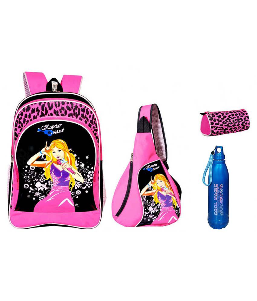 Karbonn Pink School Bag With Hand Bag, Water Bottle And Pouch