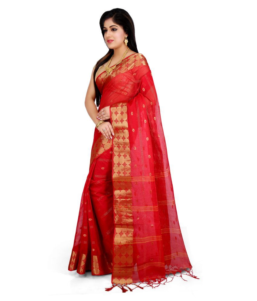 Wooden Tant Red Cotton Saree Buy Wooden Tant Red Cotton Saree Online