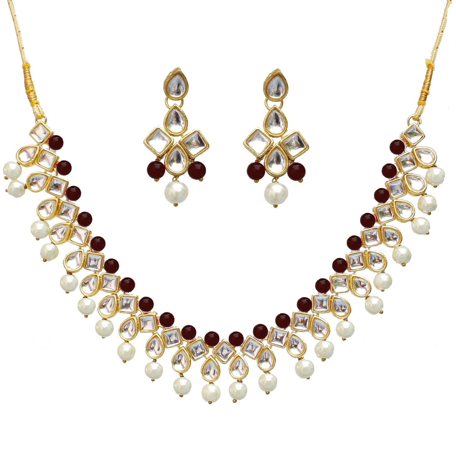 Lucky Jewellery Fashion Maroon Color Gold Plated Pearl And Kundan