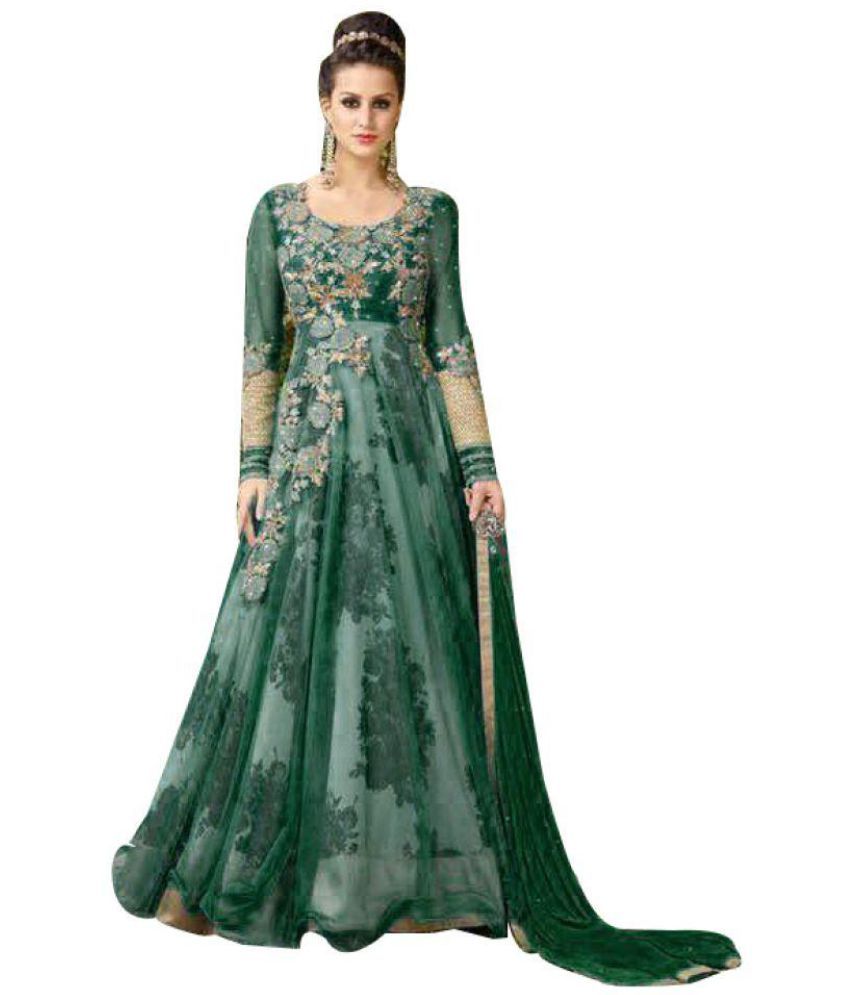 Fkart Green And Grey Net Anarkali Semi Stitched Suit Buy Fkart Green