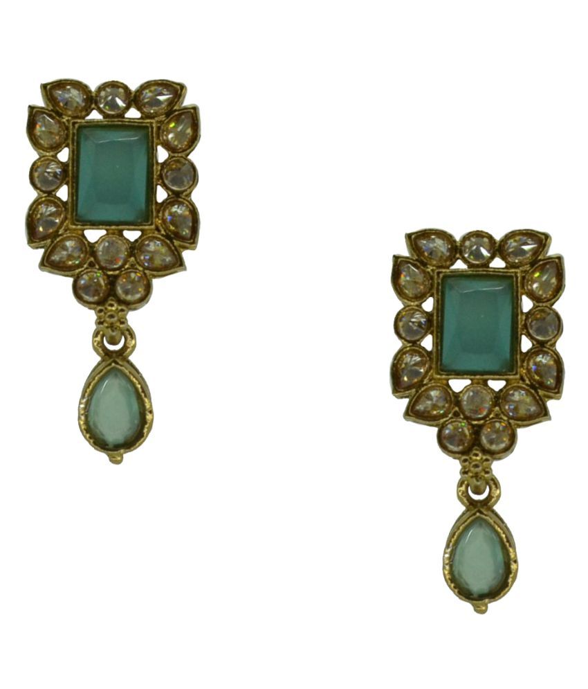 Antique Gold Plated Earring Tops With Aqua Blue Color Stone S Brass