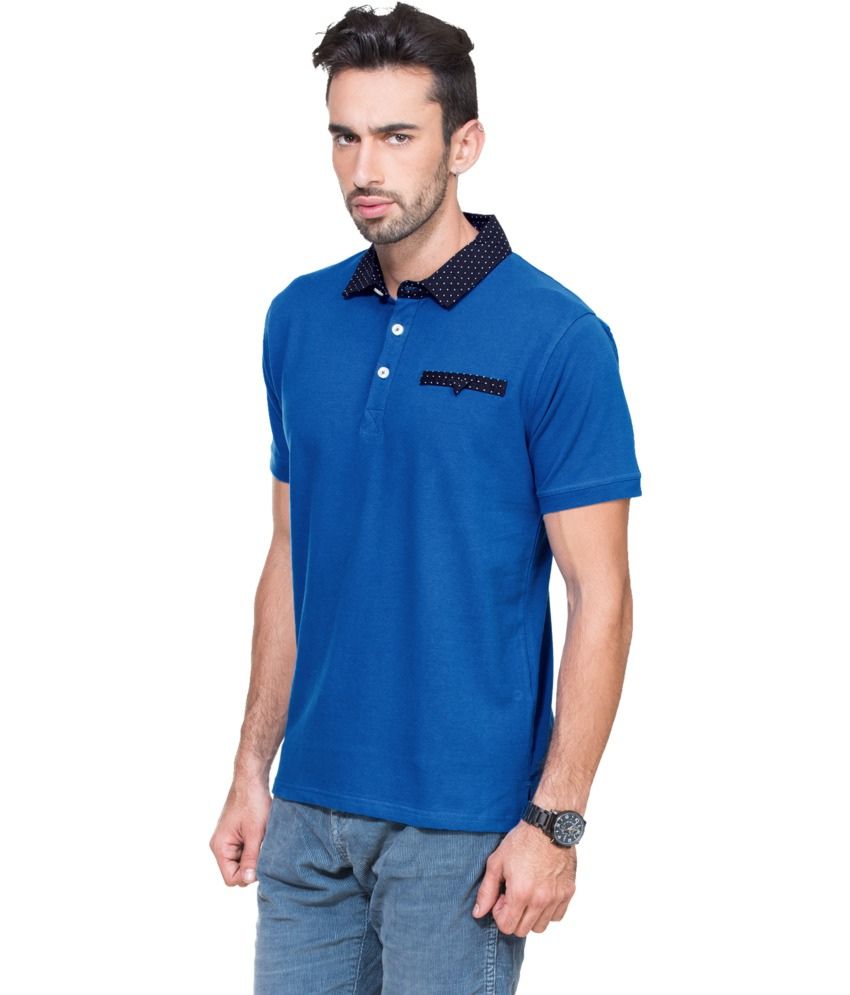 Zovi Blue Pique Knit Solid Polo T-shirt with Polka Collar and Mock ...