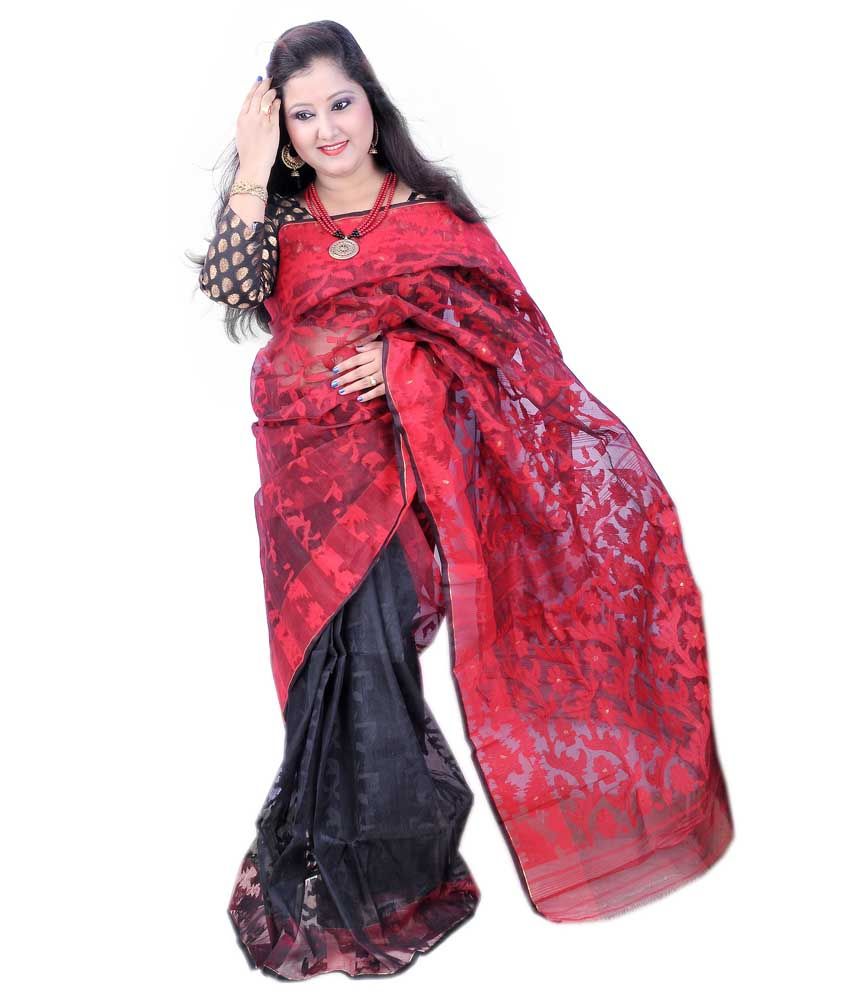 Dhakai Jamdani Half Half Red And Black Color All Over Body Self Work Soft Dhakai Saree Buy Dhakai Jamdani Half Half Red And Black Color All Over