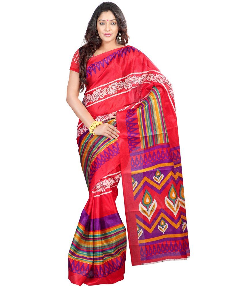 Mishi Red Floral Print Bhagalpuri Silk Saree Buy Mishi Red Floral Print Bhagalpuri Silk 9743