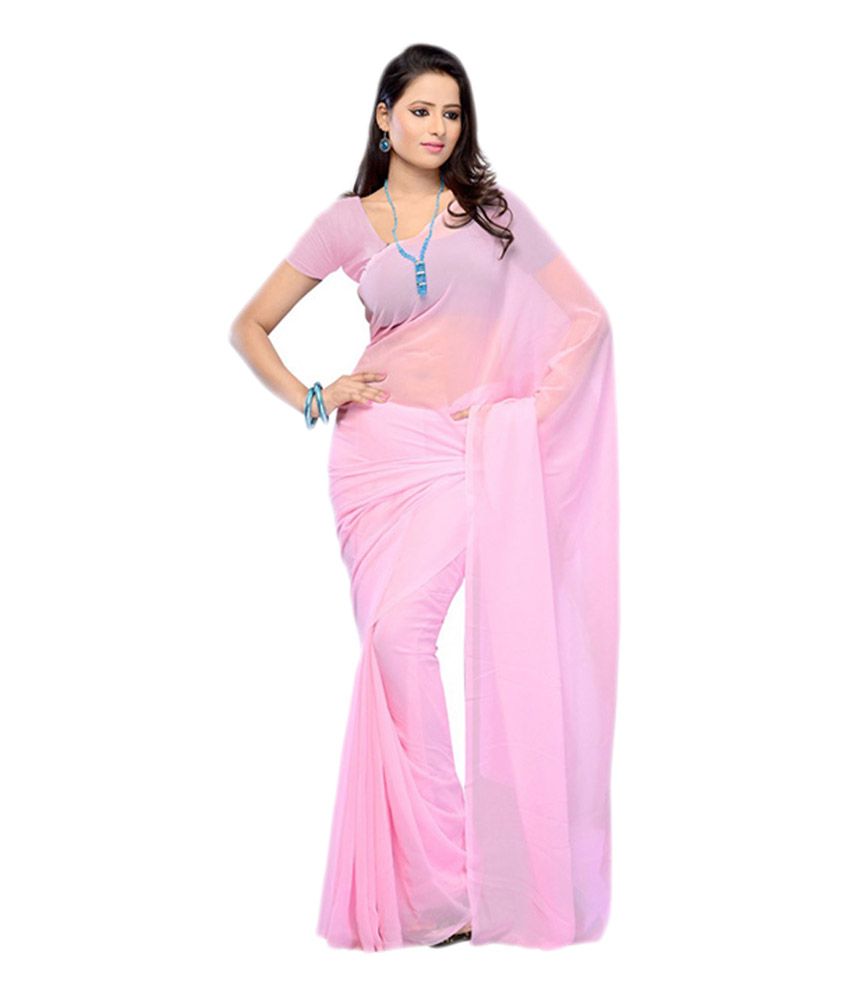 Princess Choice Pink Plain Faux Chiffon Saree With Blouse Piece Buy