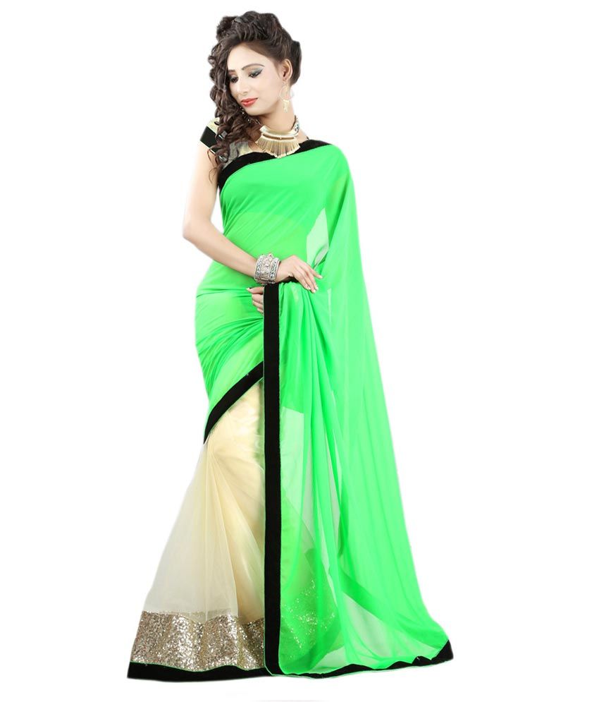     			Avfashion Green and Beige Chiffon Saree