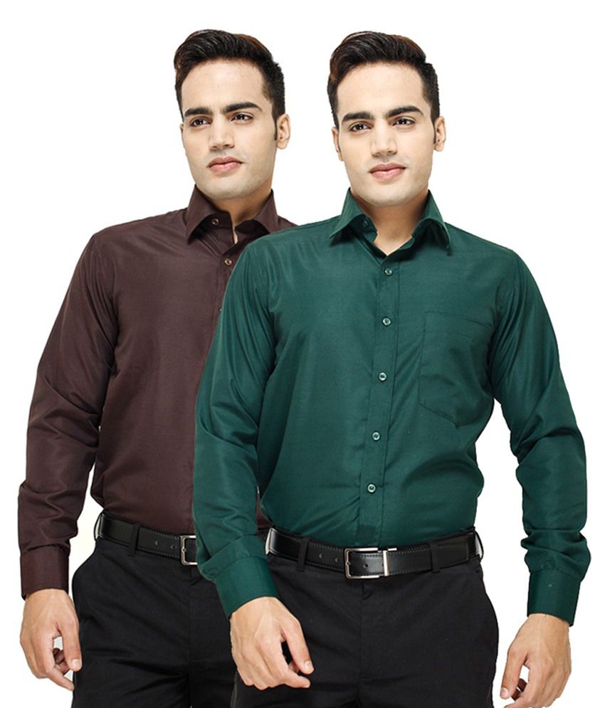 Mall4all Dark Green & Brown Slim Fit Solid Formal Shirts (Pack of 2 ...