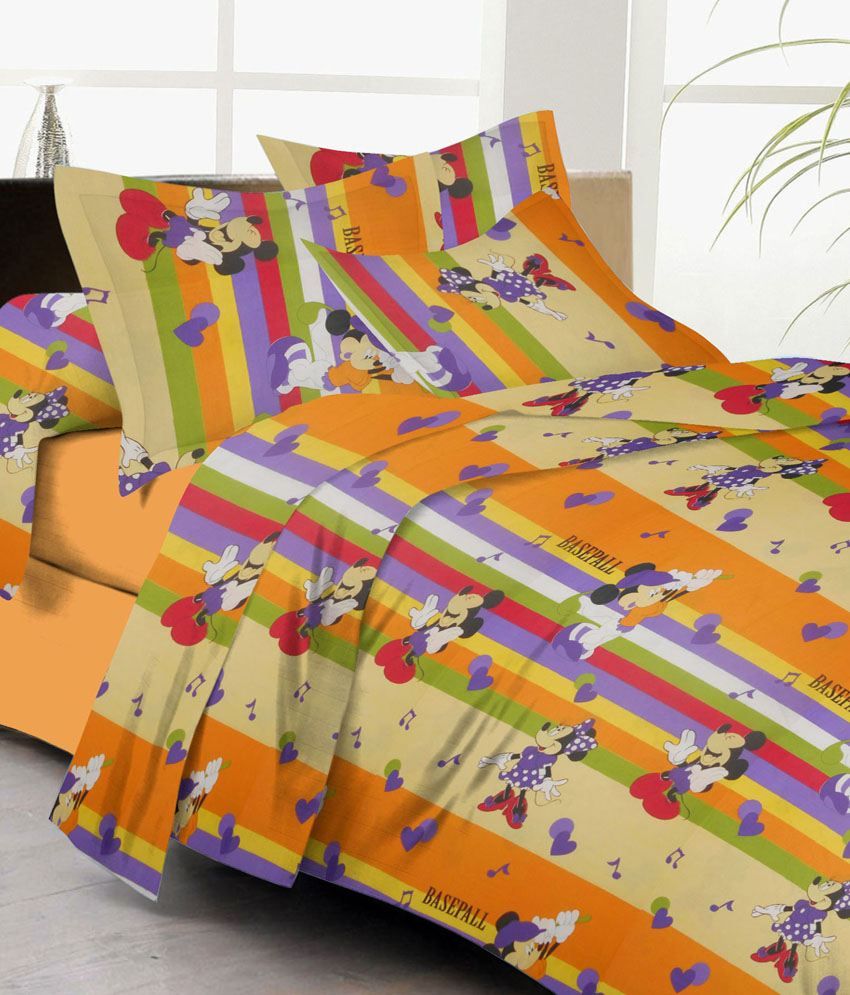 Lali Prints Orange Mickey Mouse King Size Double Bed Sheet With 2