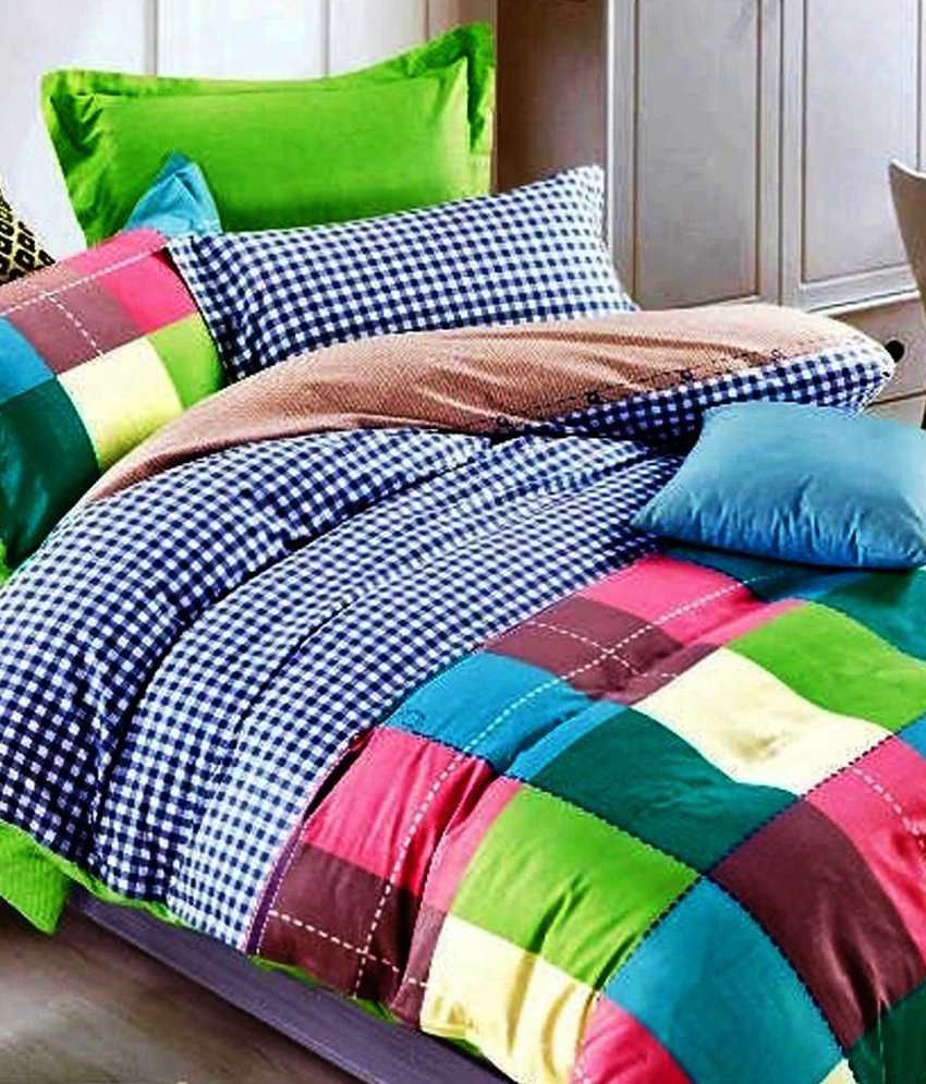 Bellagio Multicolour Cotton Checks Double Bedsheet with 2 pillow cover