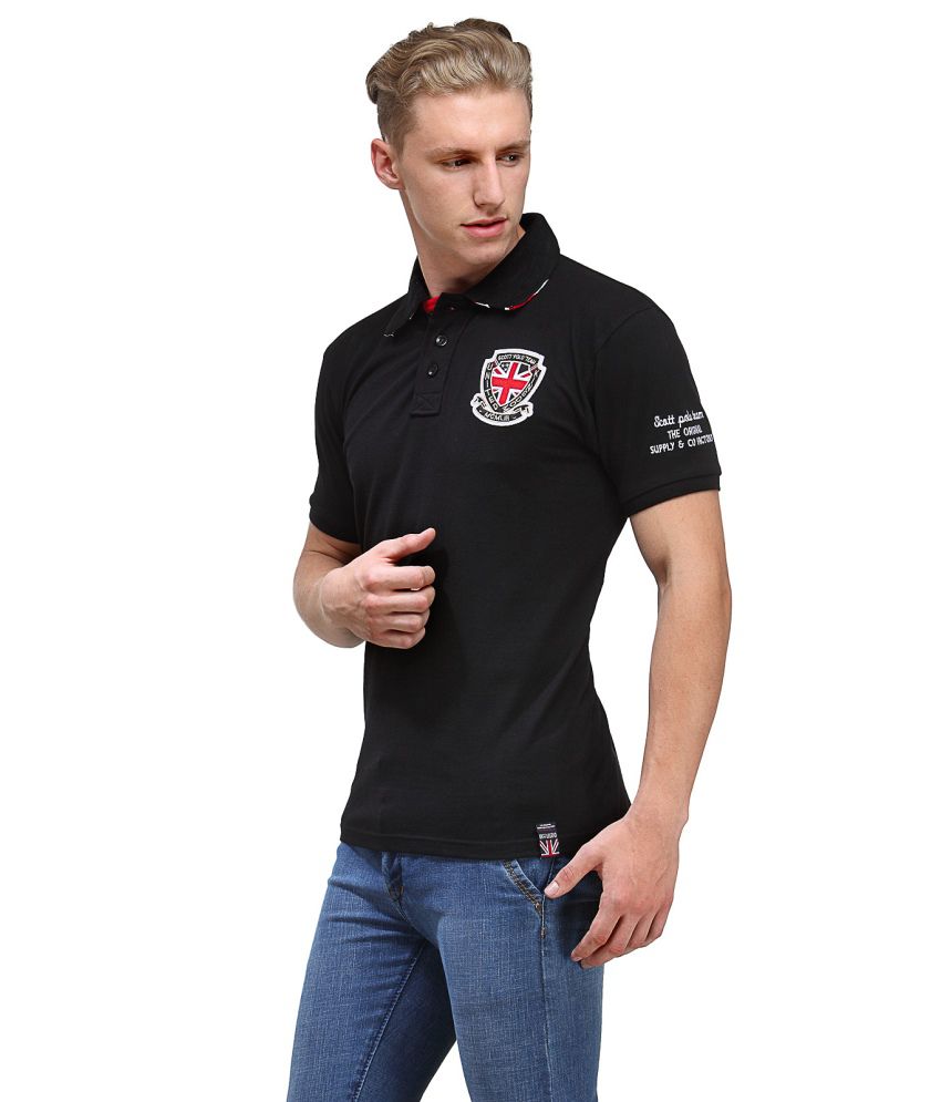 Scott International Black Cotton Half Sleeve T-Shirt with Embroidery