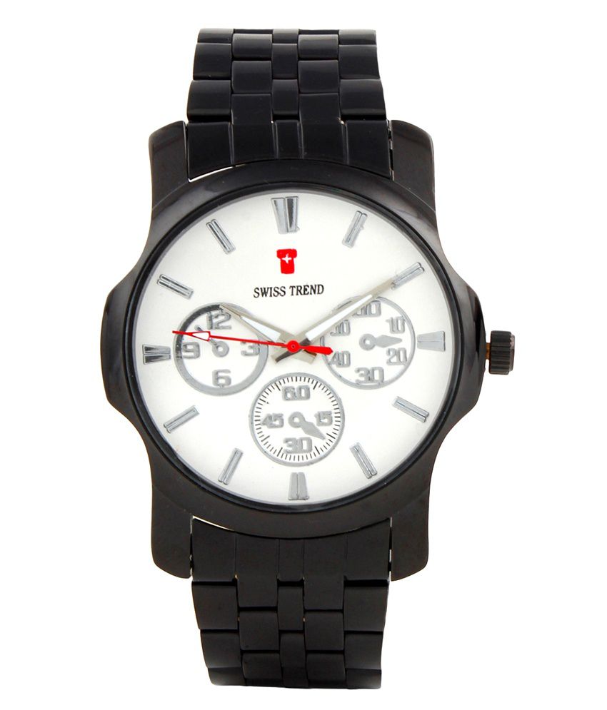 Swiss Trend Sleek white dial mens watch with black full metal strap ...