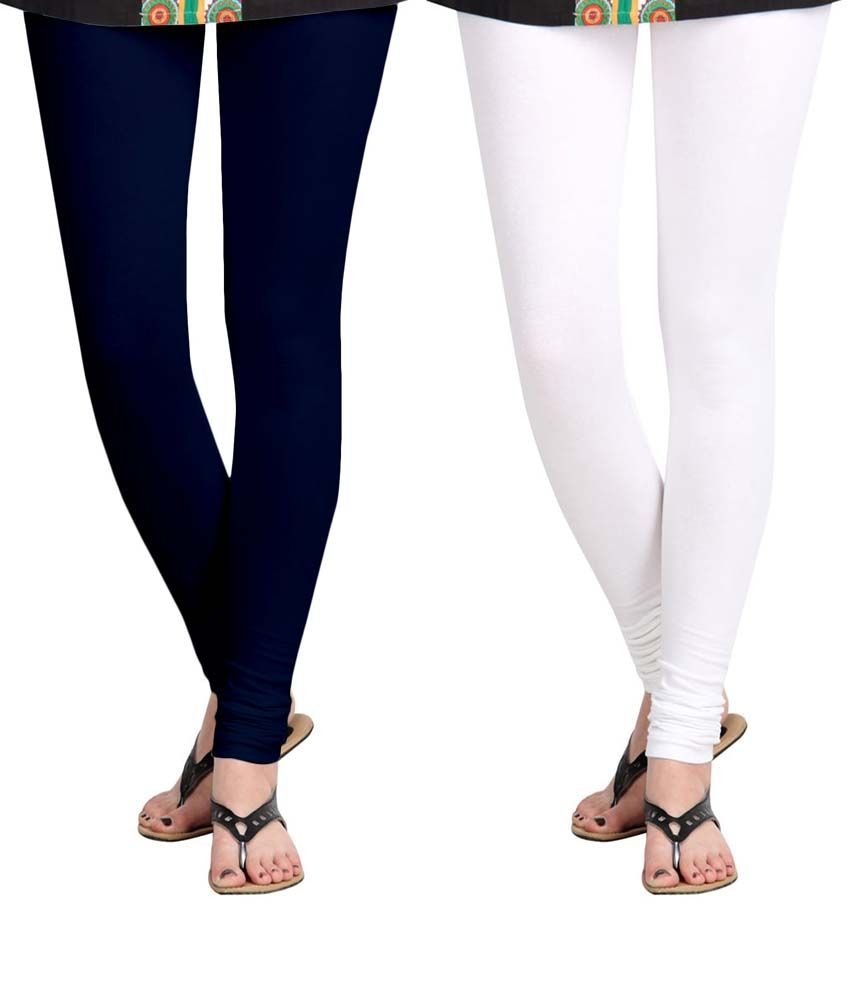 Aannie Womens Cotton Slim Fit Navy Blue & Pure White Leggings Combo