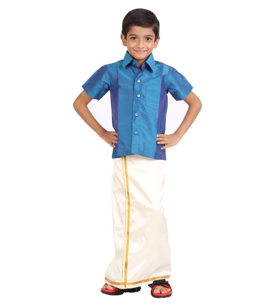 blue shirt and dhoti