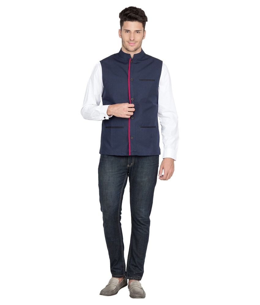 Suchos Blue Cotton Blend Half Sleeve Nehru Jacket Buy Suchos Blue