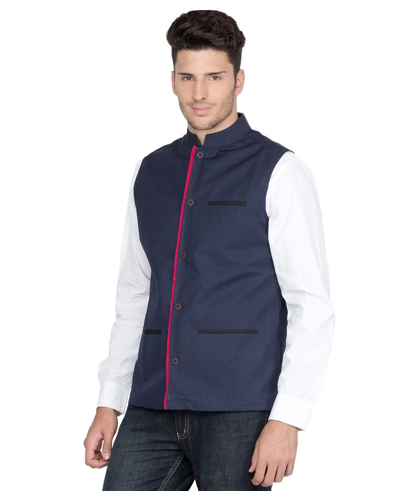 Suchos Blue Cotton Blend Half Sleeve Nehru Jacket Buy Suchos Blue