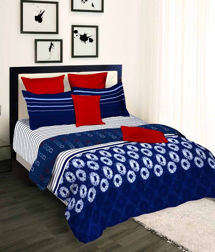 Tangerine Indigo Bay Blue Abstract Cotton King Size Bed Sheet with 2