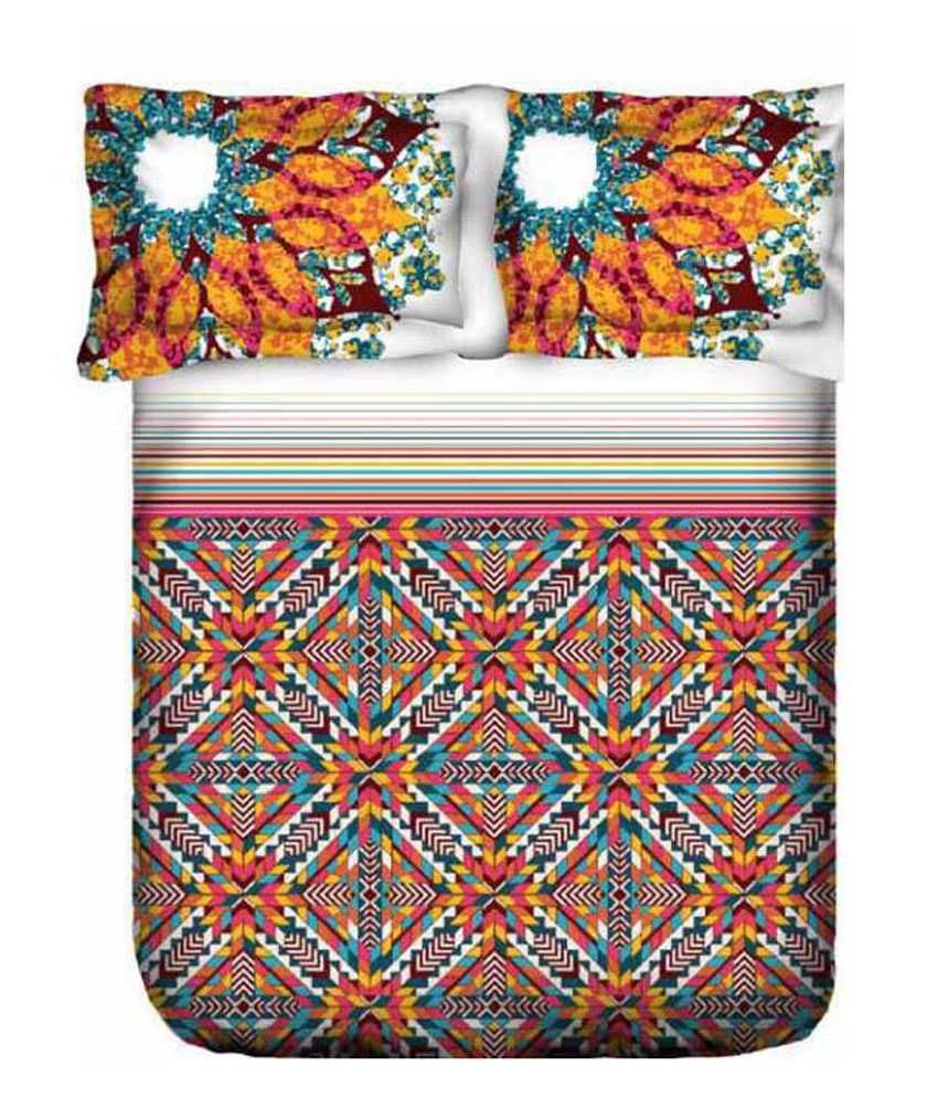 Trident Majestic Cluster II White & Yellow Double Bed Sheet with 2