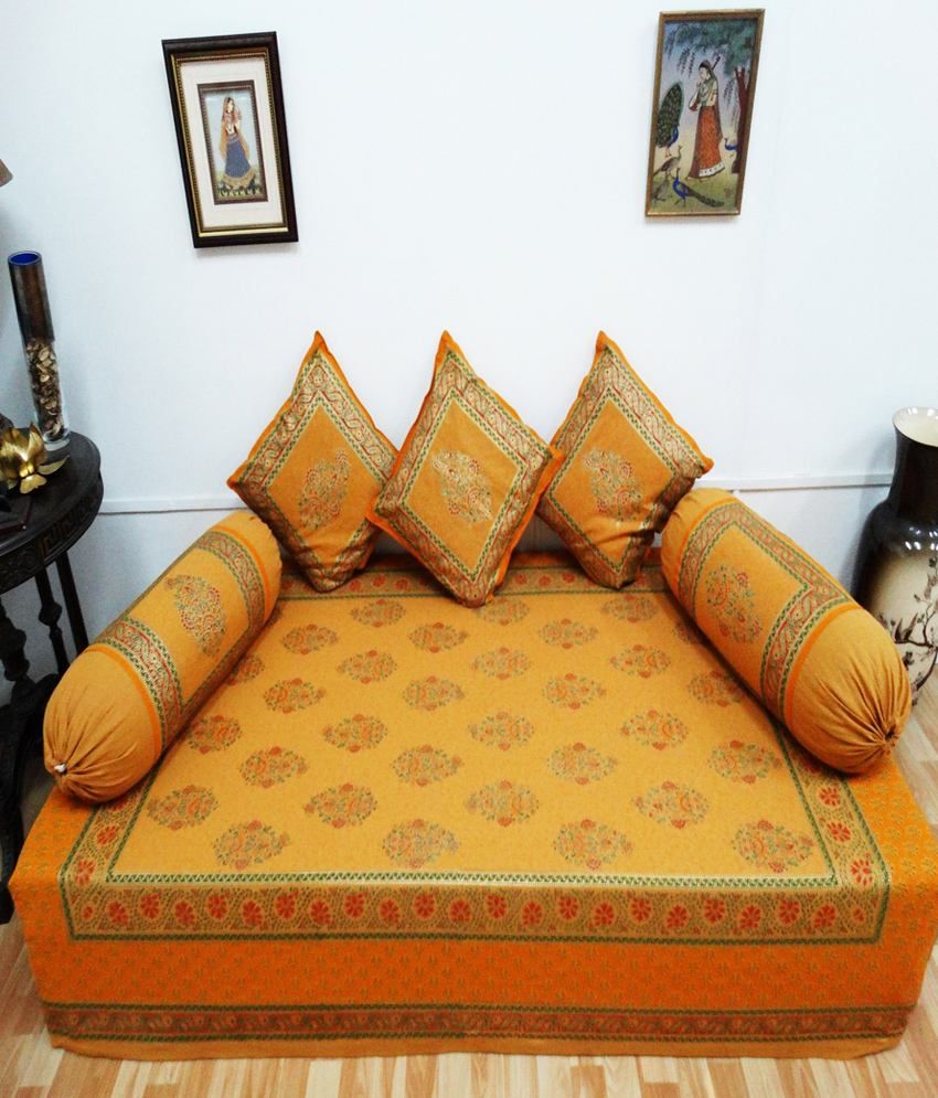 Heritagefabs Anokhi Orange Diwan Set (Single Bed Sheet with 3 Cushion