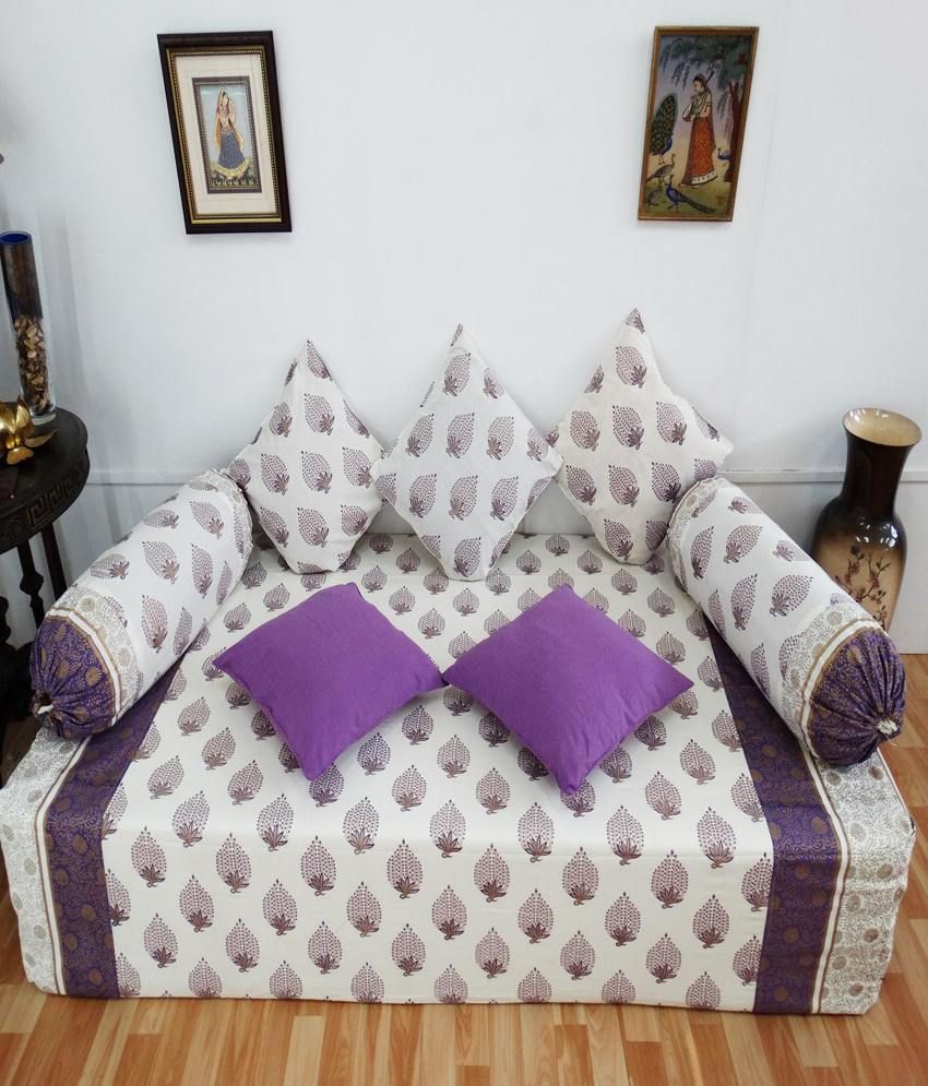 Heritagefabs Goldline Purple Diwan Set (Single Bed Sheet with 5 Cushion