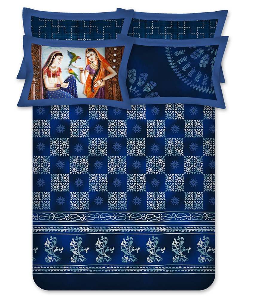 Bombay Dyeing Navy Printed Cotton Double Bedsheet with 2 Pillow Covers