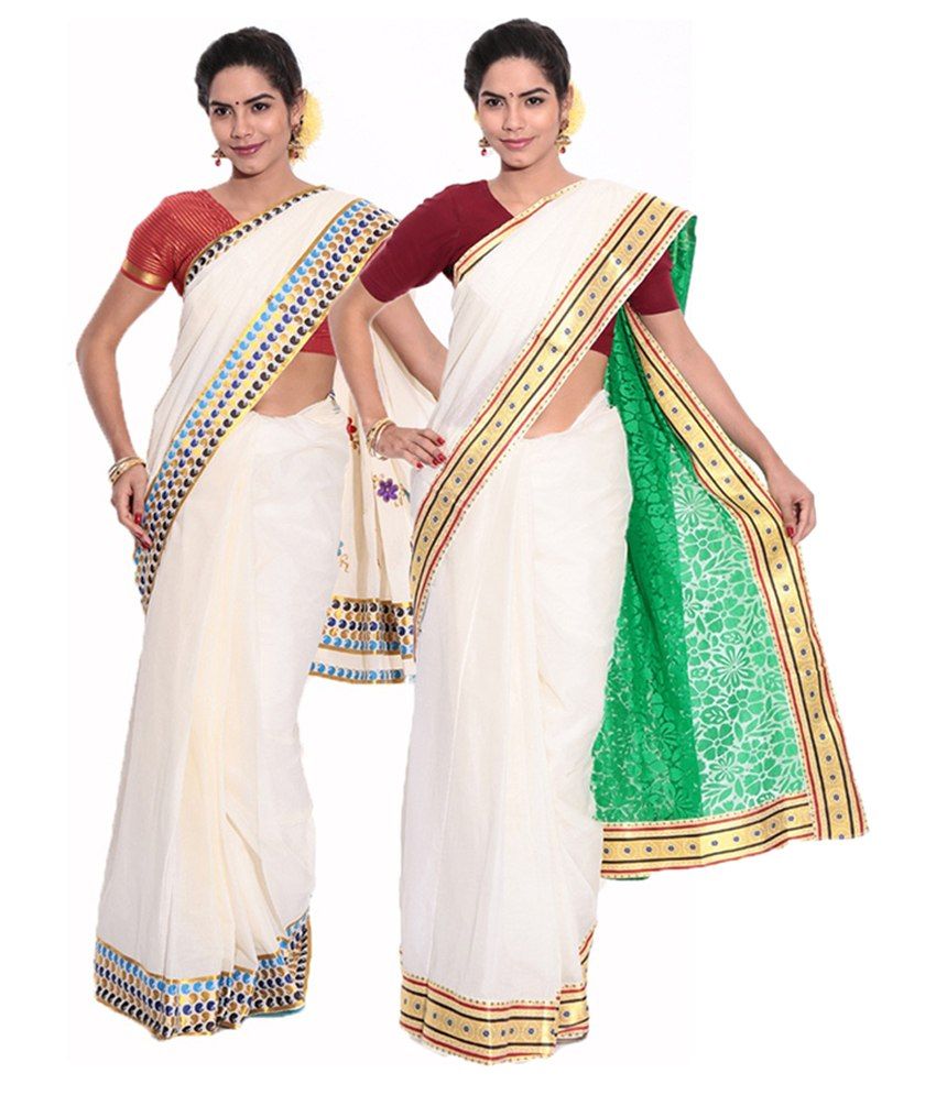 Fashion Kiosks Kerala Kasavu White Cotton Saree with Matching Blouse