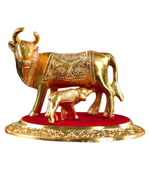     			eCraftIndia Gold And Red Metal Cow With Calf Statue