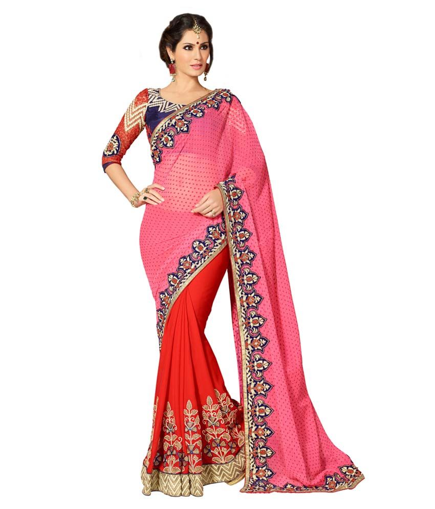 Tfashion Pink Pure Georgette Saree Buy Tfashion Pink Pure Georgette