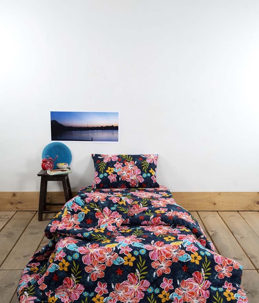 Ocean Homestore Pink and Navy Blue Floral Printed Cotton Bedding Set