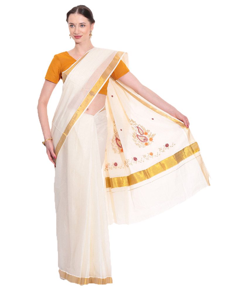 Fashion Kiosks White &amp; Golden Kerala Kasavu Cotton Saree ...