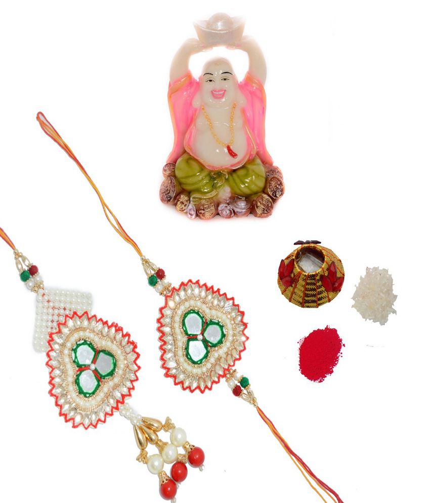     			eCraftIndia Bhaiya Bhabhi Rakhi Set with Feng Shui Laughing Buddha and Roli Tikka Matki