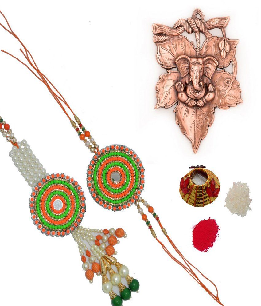     			eCraftIndia Bhaiya Bhabhi Rakhi Set with Metal Wall Hanging of Lord Ganesha and Roli Tikka Matki