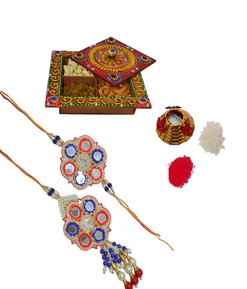     			eCraftIndia Bhaiya Bhabhi Rakhi Set with Decorative Dry Fruit Tray and Roli Tikka Matki