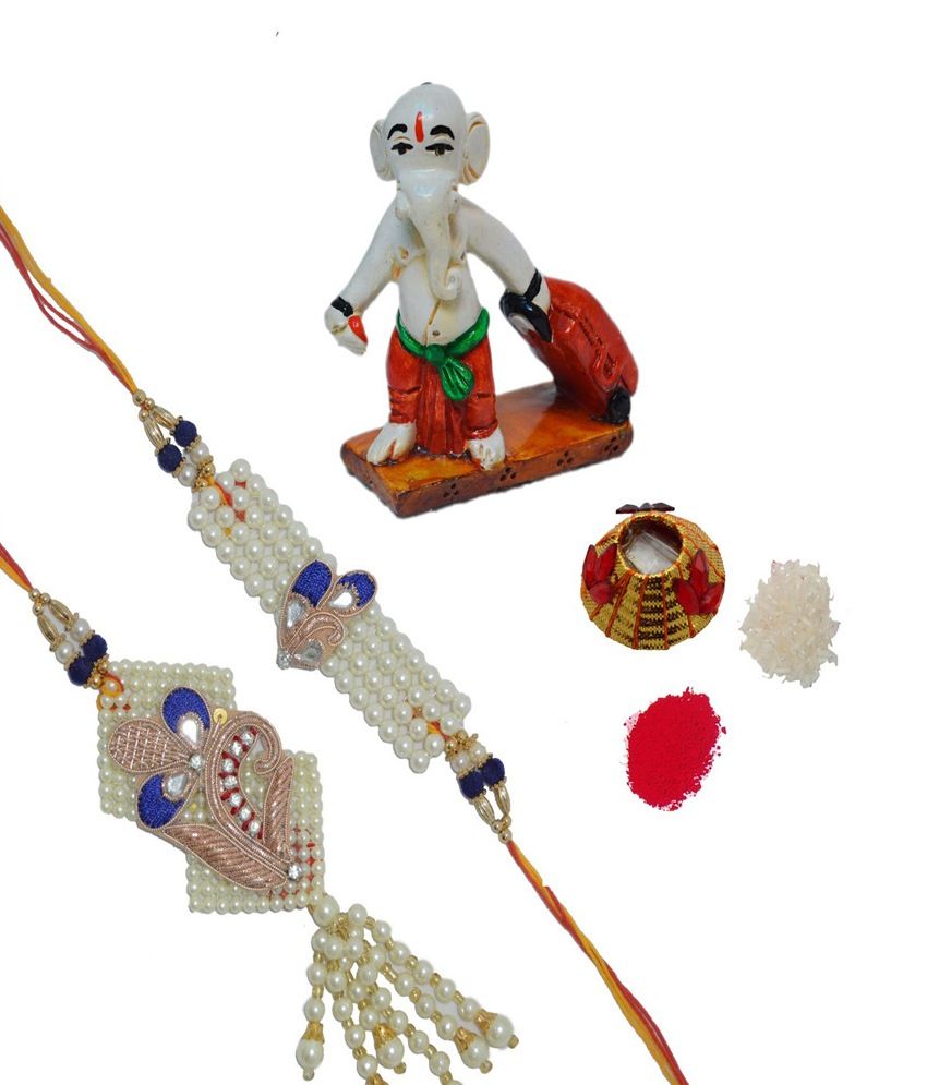     			eCraftIndia Single Designer Rakhi with Ganesha Showpiece & Roli Tikka Matki