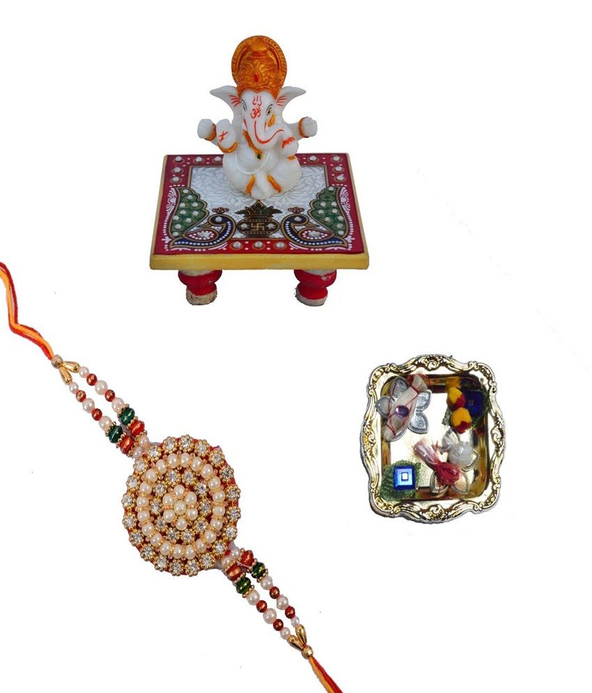     			eCraftIndia Single Designer Rakhi with Lord Ganesha Marble Chowki & Pooja Plate